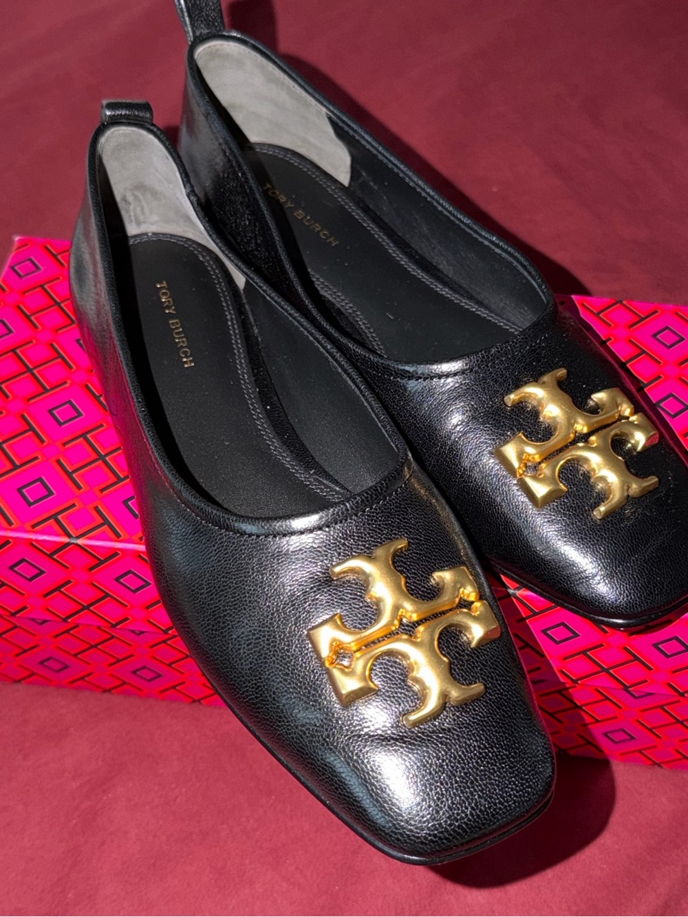 Tory Burch Black Leather Flats with Gold Logo Accent